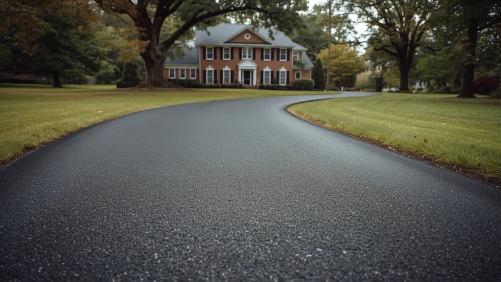 Freshly paved asphalt driveway curving between mature hardwoods toward a brick house on a Virginia lot